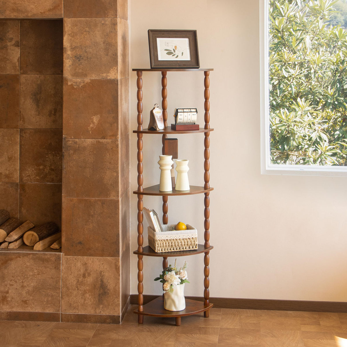 MaxSmeo corner shelf wood finish close-up highlights durable, easy-to-clean surface.