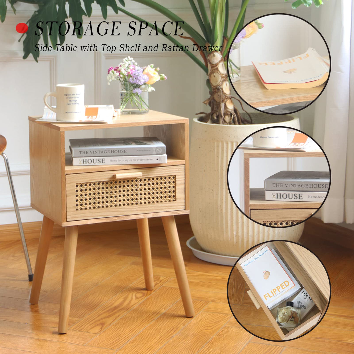 MaxSmeo Nightstand in natural walnut finish adds warmth to any room.
