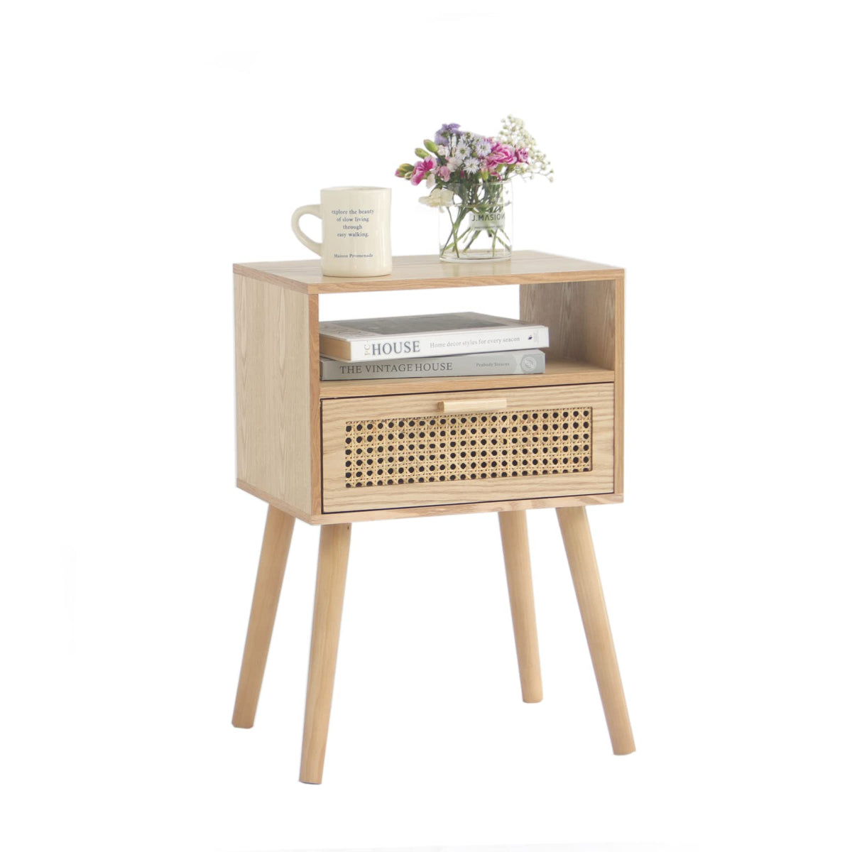 MaxSmeo Modern Nightstand with rattan drawer offers concealed bedside storage.