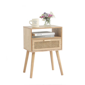 MaxSmeo Modern Nightstand with rattan drawer offers concealed bedside storage.