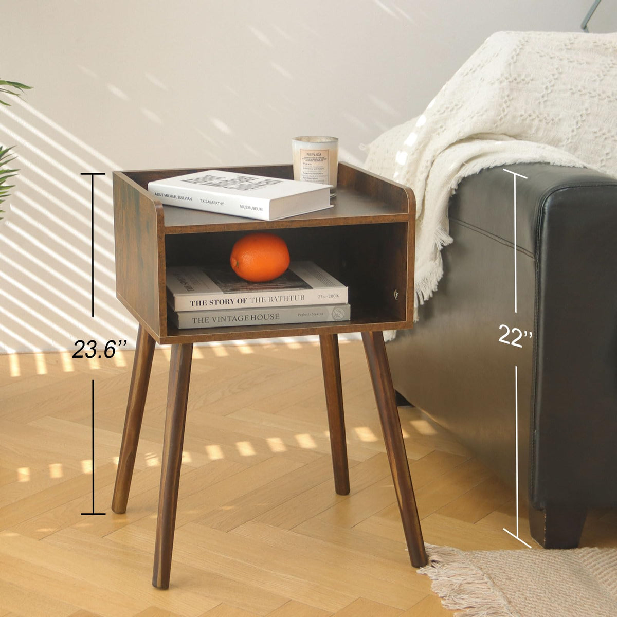 MaxSmeo Nightstand beside sofa demonstrates compact space-saving fit.