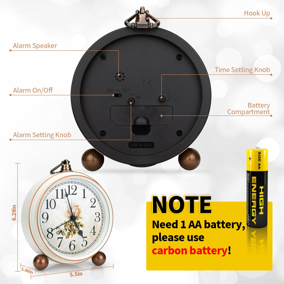 Maxspace Classic Vintage Clock battery-operated design uses a single AA for simple setup.