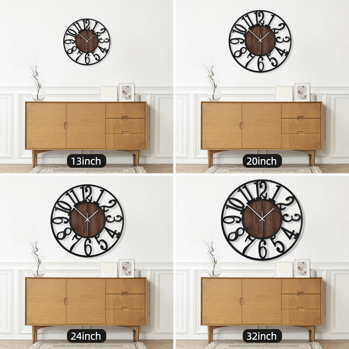 Maxstar battery-powered wall clock uses 1 AA battery; hooks included for quick hanging.
