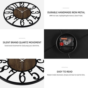 Maxstar round wall clock close-up on iron outer ring and hollow numerals.