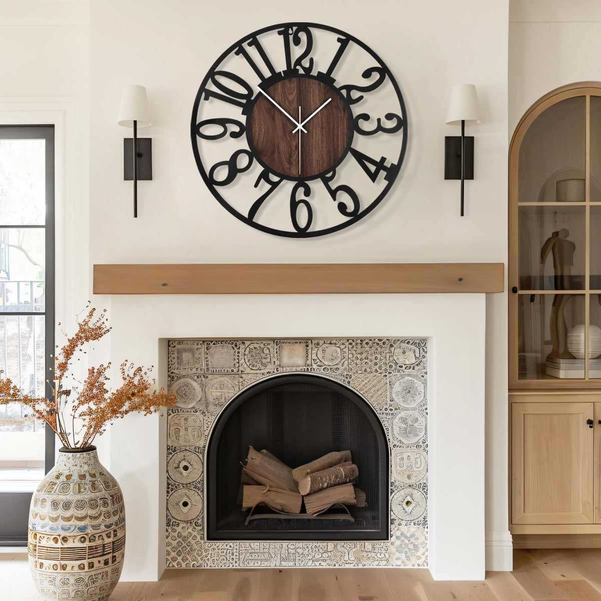 Maxstar round wall clock on living room wall complements modern decor.