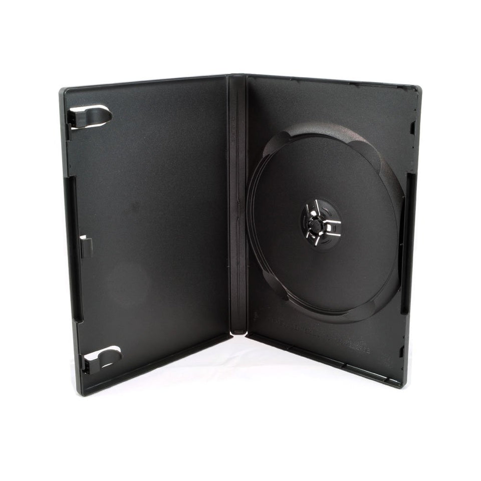 Maxtek 25-pack standard 14mm black DVD cases with outer sleeve for artwork display.
