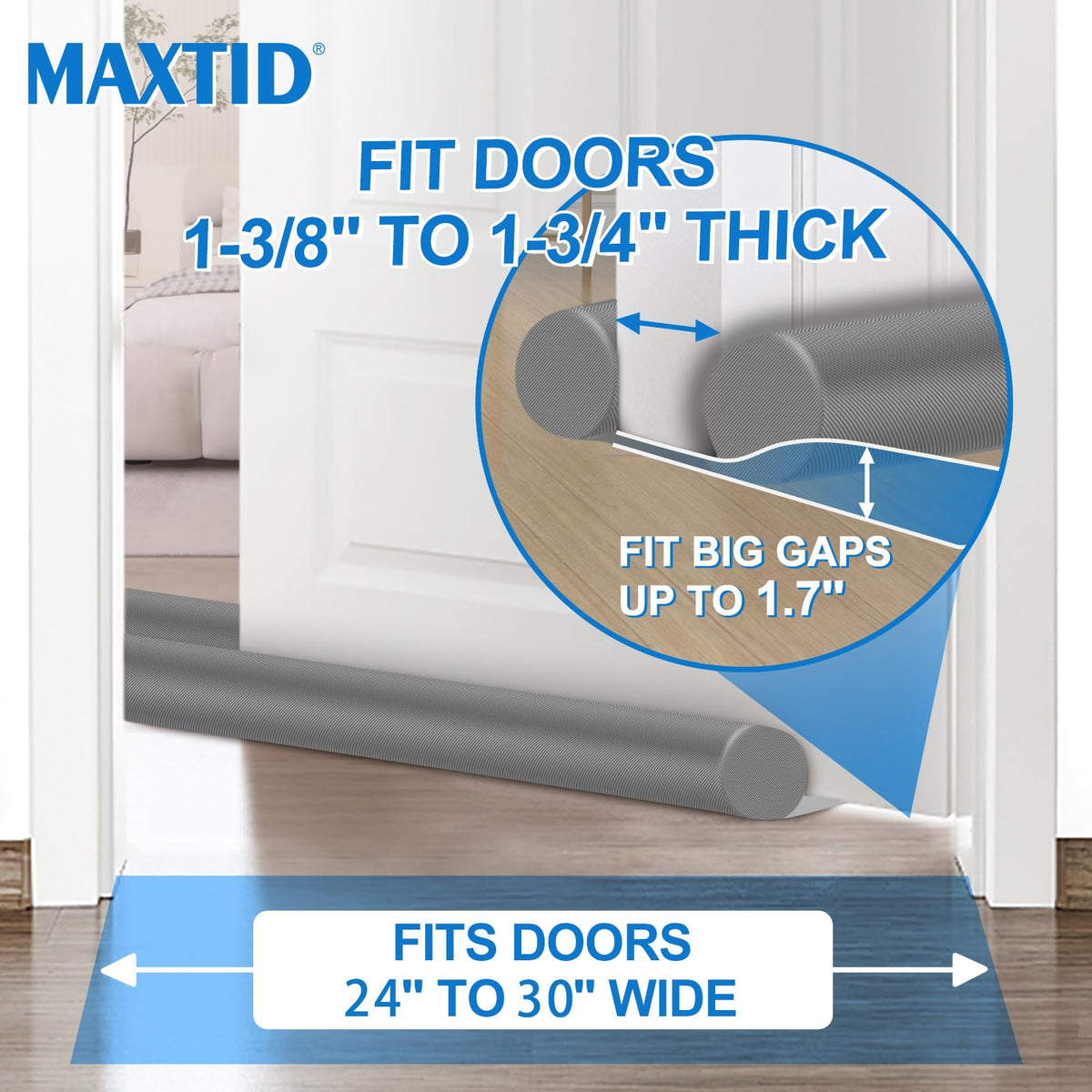 MAXTID draft stopper installed on a door for easy setup.