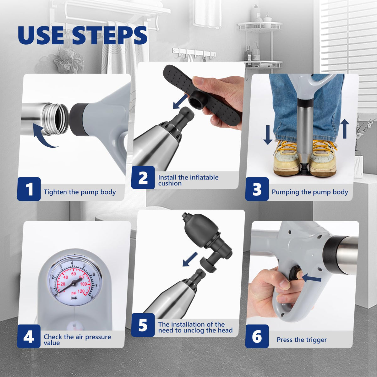 MaxxGeek Toilet Plunge Blaster ABS non-slip handle ensures secure grip.