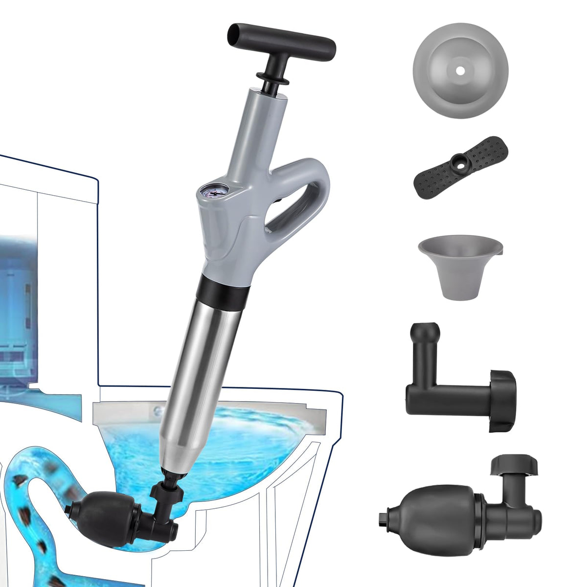 MaxxGeek Toilet Plunge Blaster in use unclogging a toilet quickly.