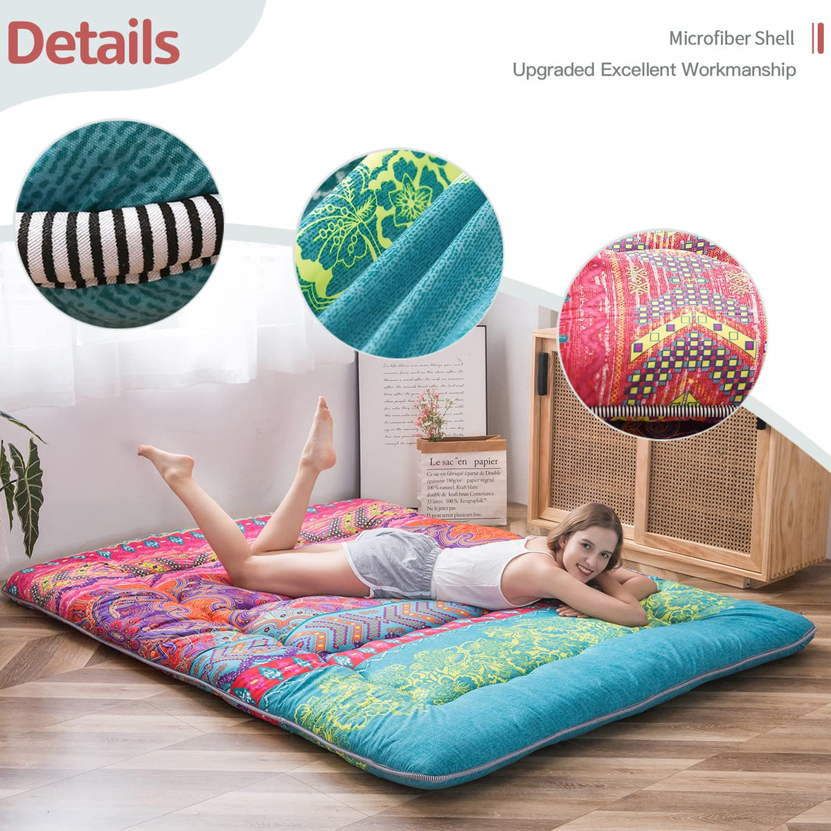 MAXYOYO Bohemian Retro Floor Mattress folded for storage shows portability