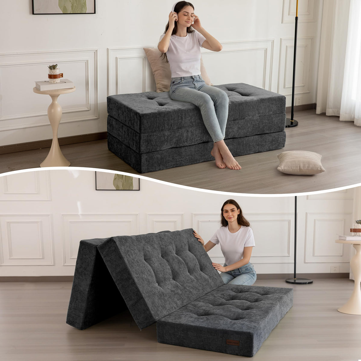 MAXYOYO folding sofa bed open view demonstrates space-saving versatility for any room