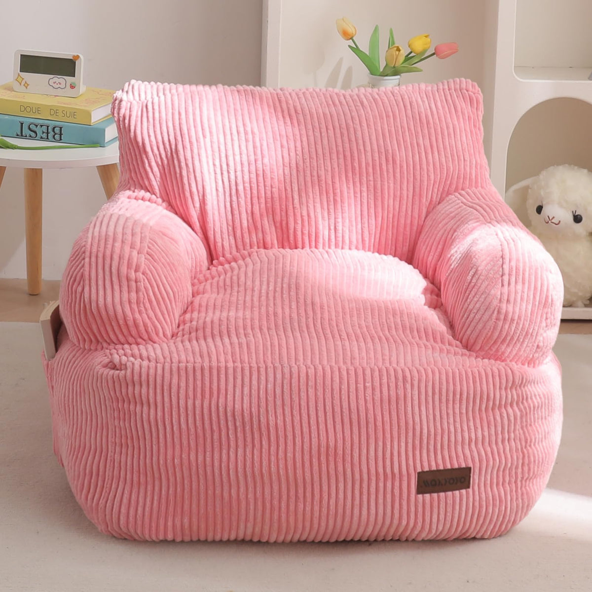 MAXYOYO Kids bean bag chair pink front view for cozy seating during playtime