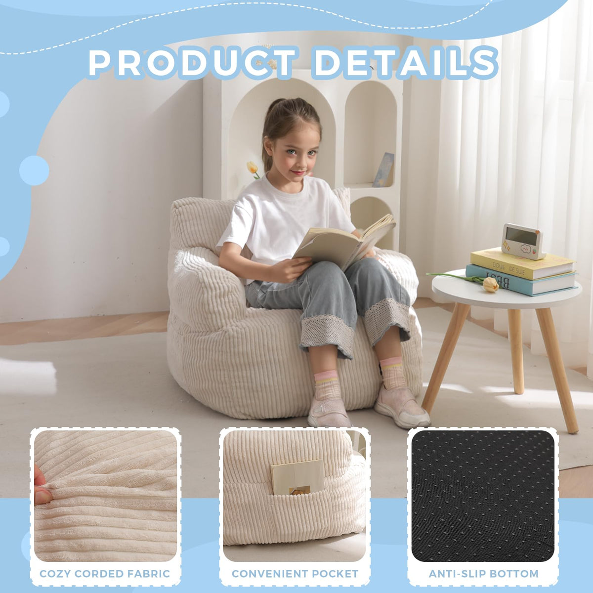 MAXYOYO Kids bean bag chair size 25.5x22.8x21.6 inches for roomy lounging.