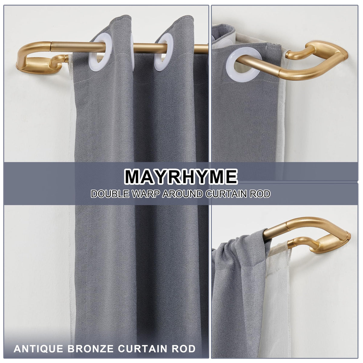 Mayrhyme double curtain rod assembled shows wrap-around design for seamless drapery.