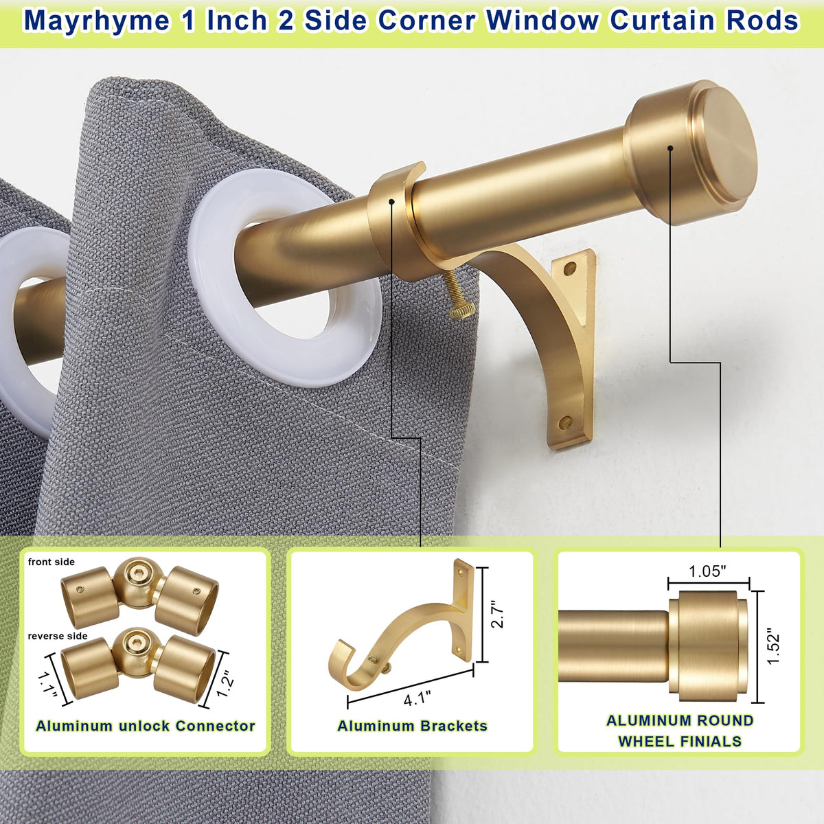 Mayrhyme Warm Gold corner rod bracket detail highlights sturdy, rust-resistant components.