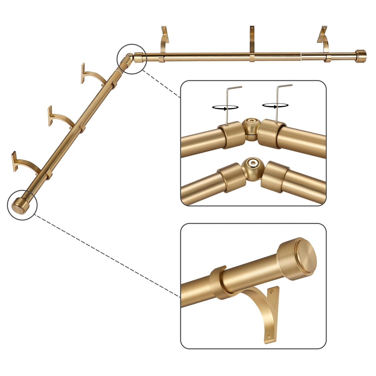 Mayrhyme Warm Gold corner rod close-up of aluminum end-cap finial for rust-free elegance.