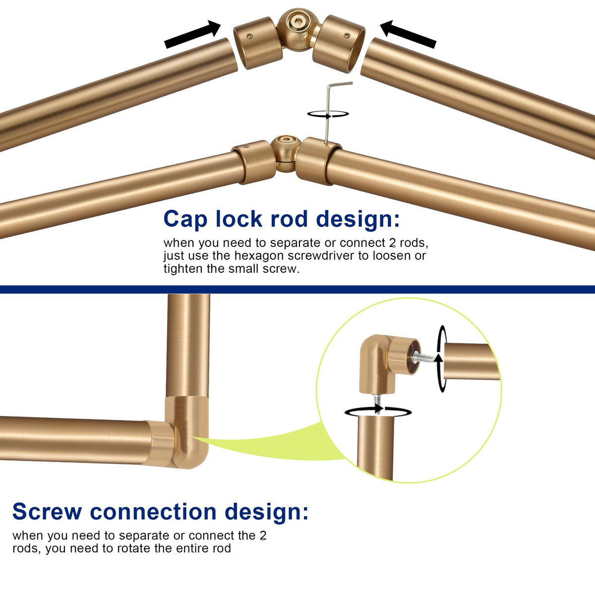 Mayrhyme Warm Gold corner rod mounted with 36-72 inch extension demonstrates adjustable fit.