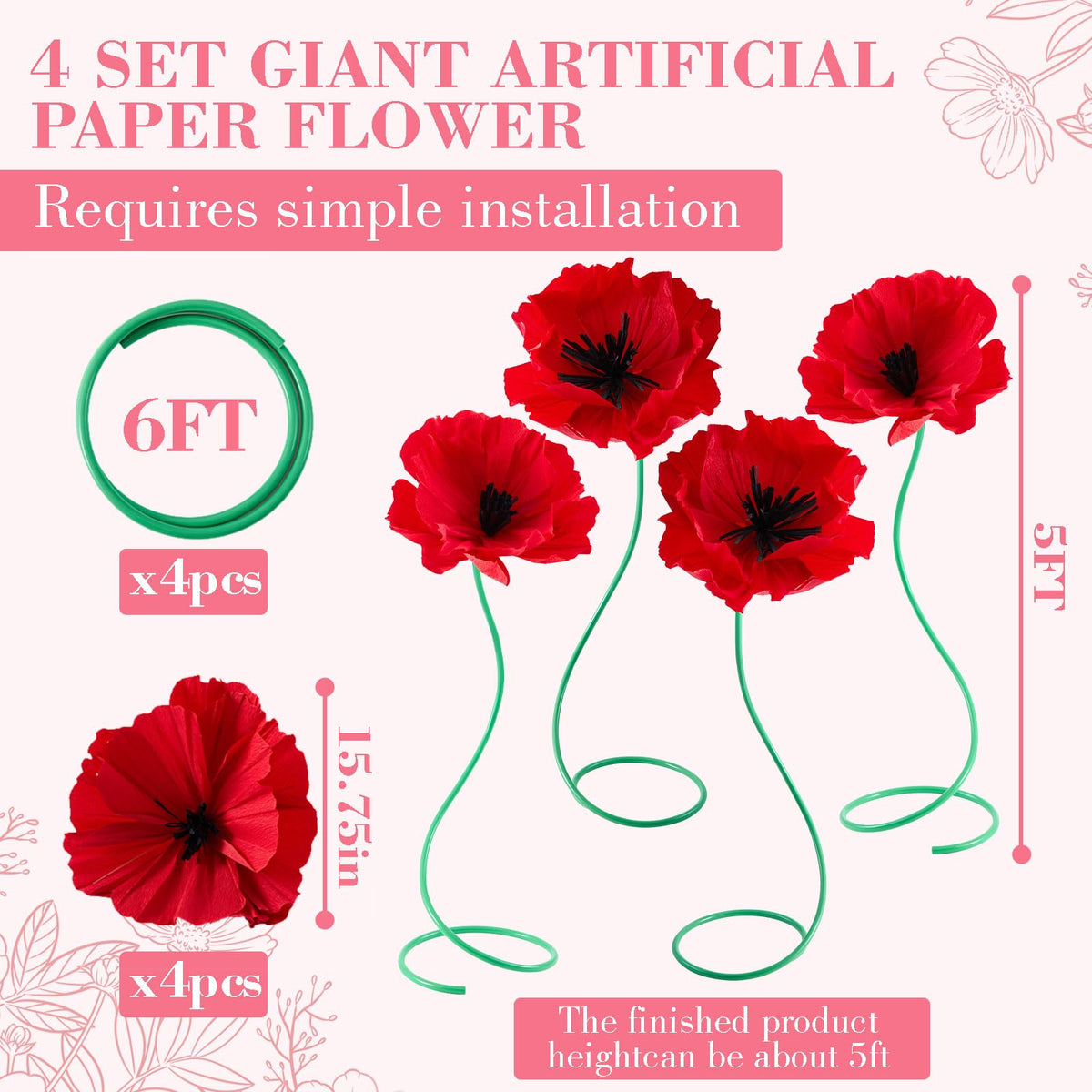 Maysing paper poppy flowers on tubes ready for quick party displays