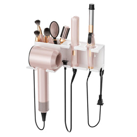 MAYZOLOP wall-mounted hair dryer holder shown in a clean bathroom setup for easy access