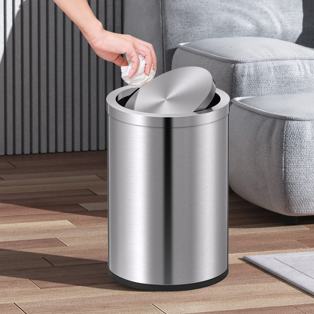 Mbillion brushed silver trash can close-up showing durable steel finish