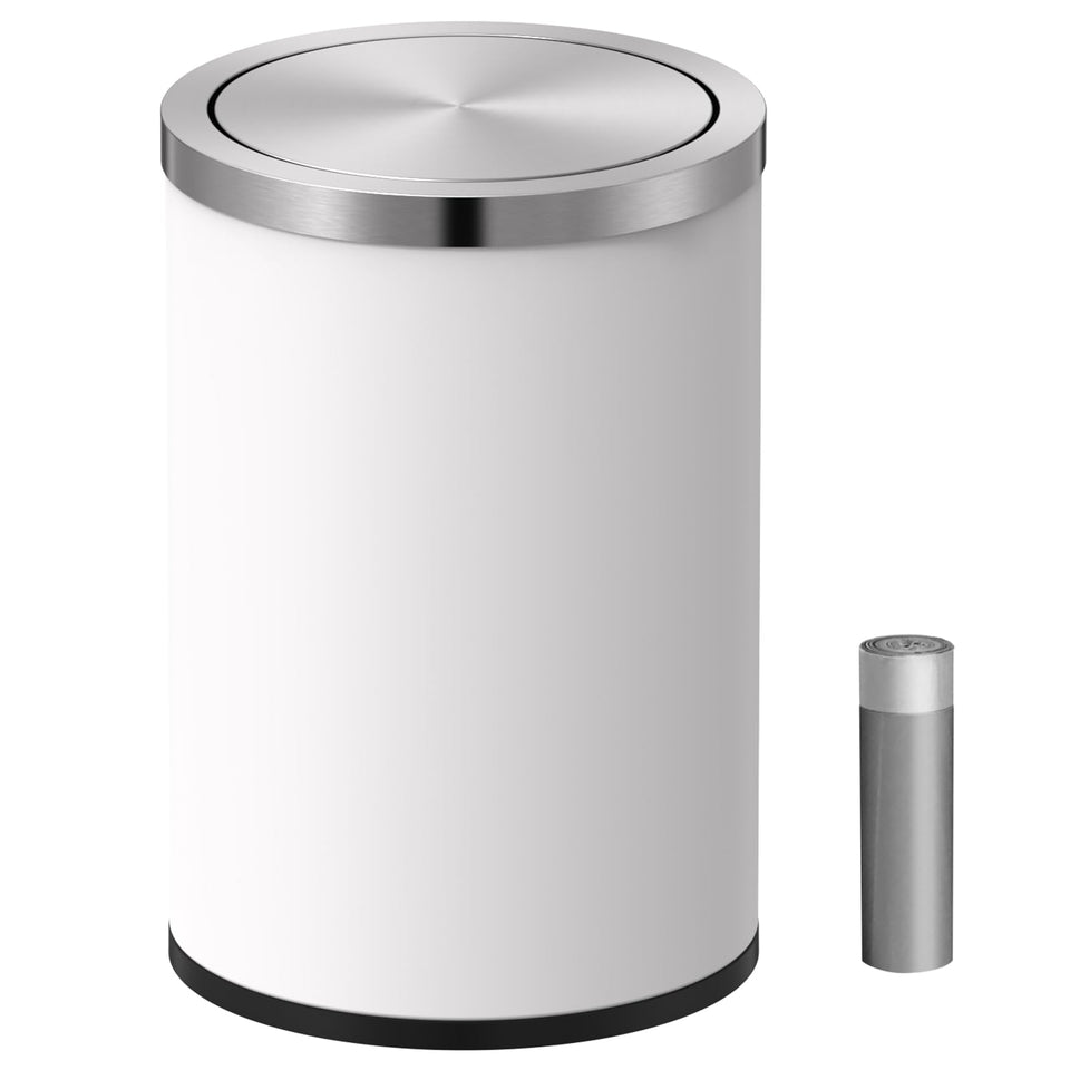 Mbillion Small Trash Can with Swing Lid showing smooth close for tidy desks