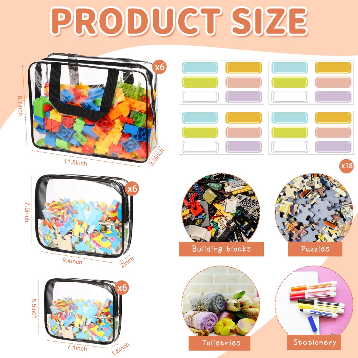 MBJZSL clear PVC toy storage bags showing contents at a glance.