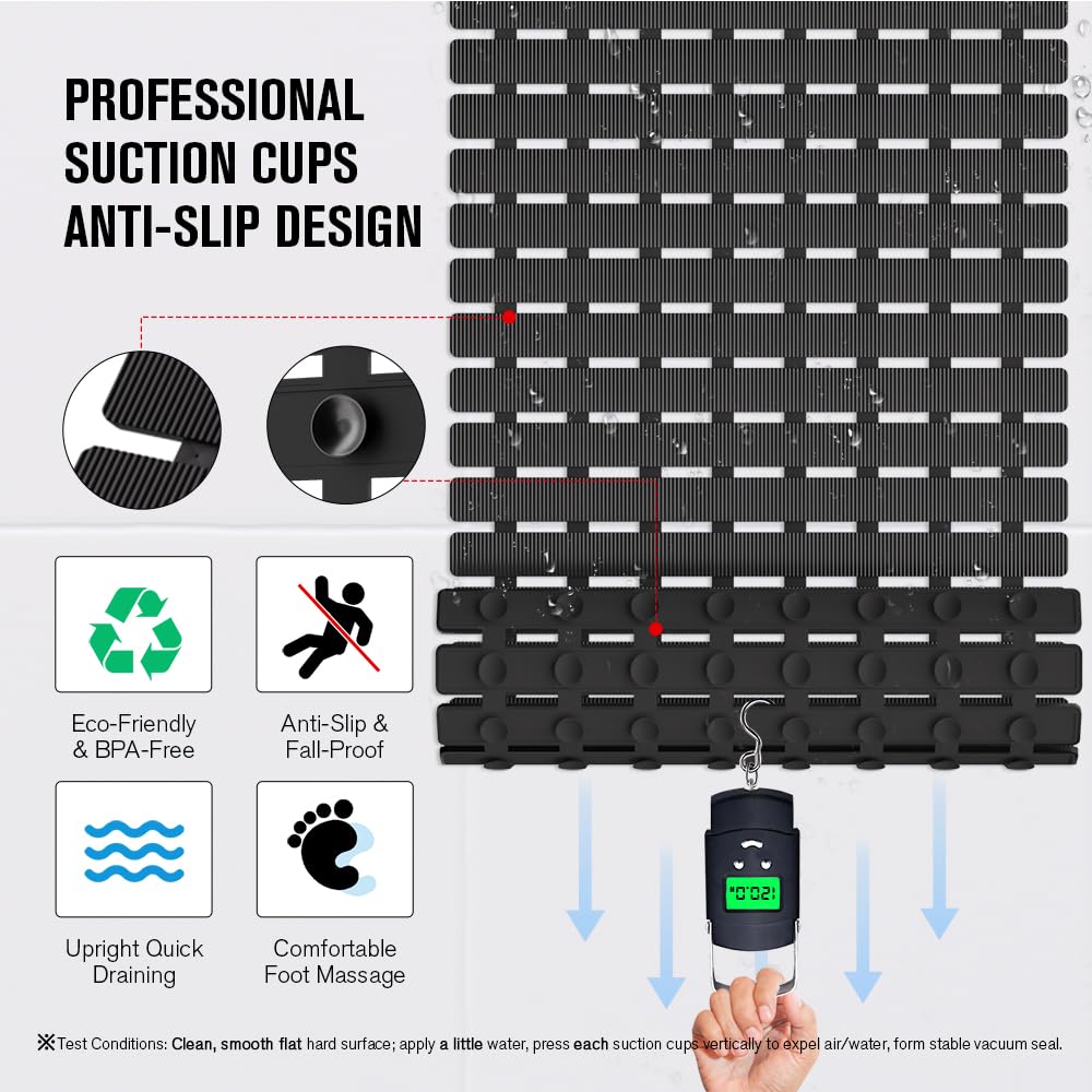 MBOSS bath mat features stripe texture for enhanced traction and safety.