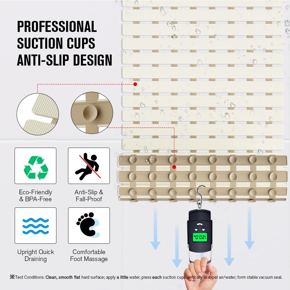 MBOSS shower mat displays drain-hole design to wick away water.