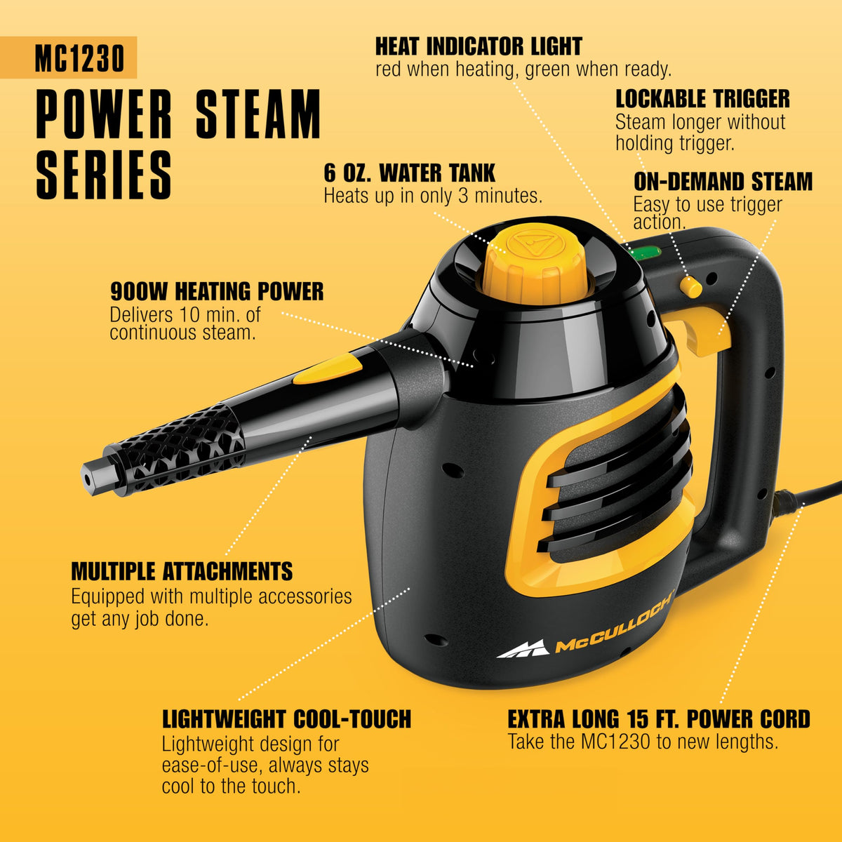 McCulloch MC1230 extension hose extends reach to hard-to-clean areas