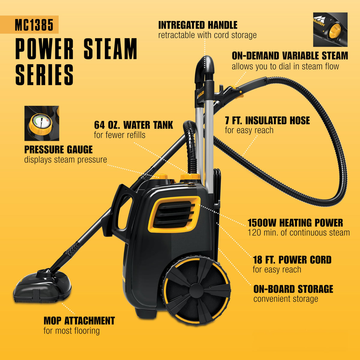 McCulloch MC1385 58 PSI steam power tackles tough grime on sealed surfaces.