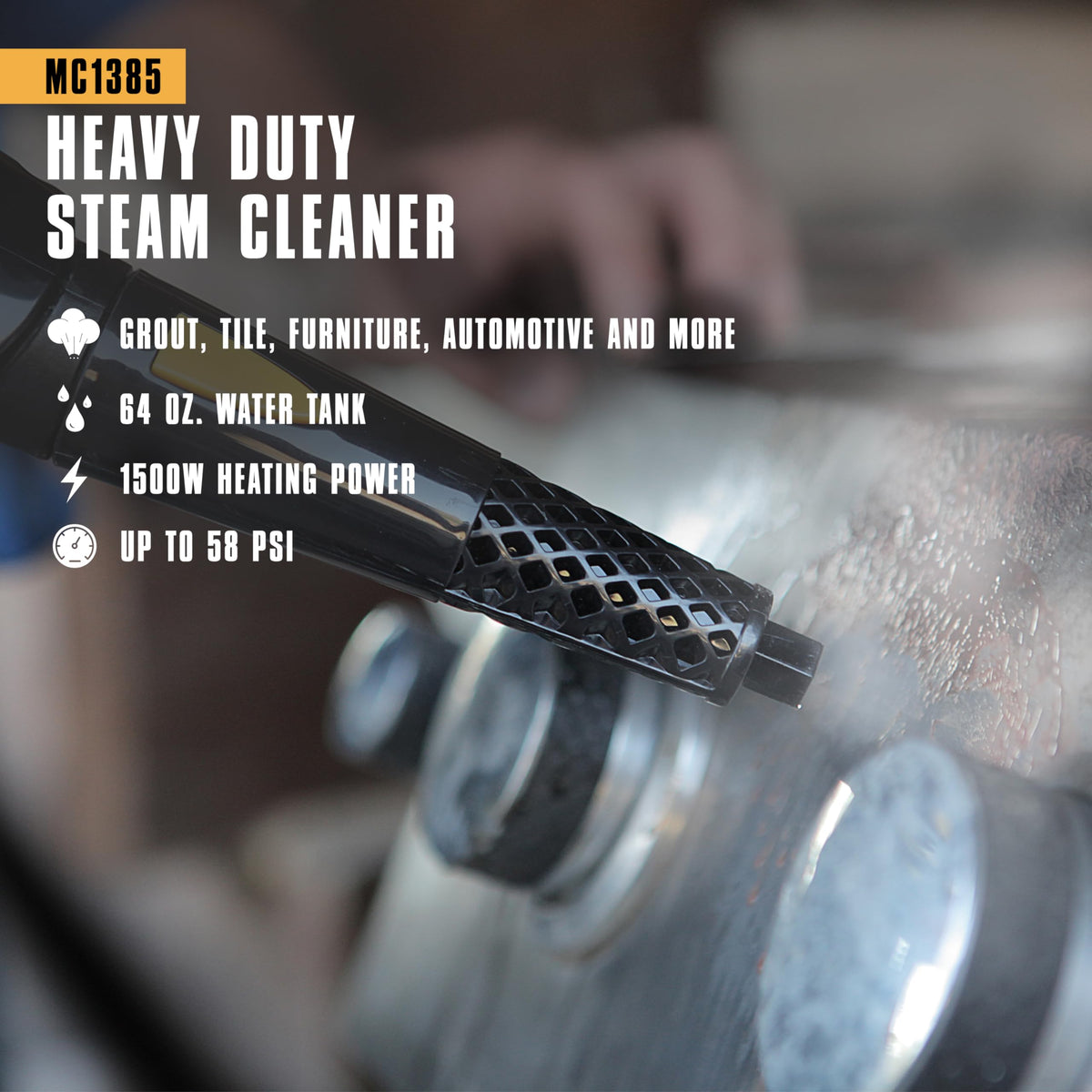 McCulloch MC1385 steam hose with accessories for versatile indoor and outdoor cleaning.