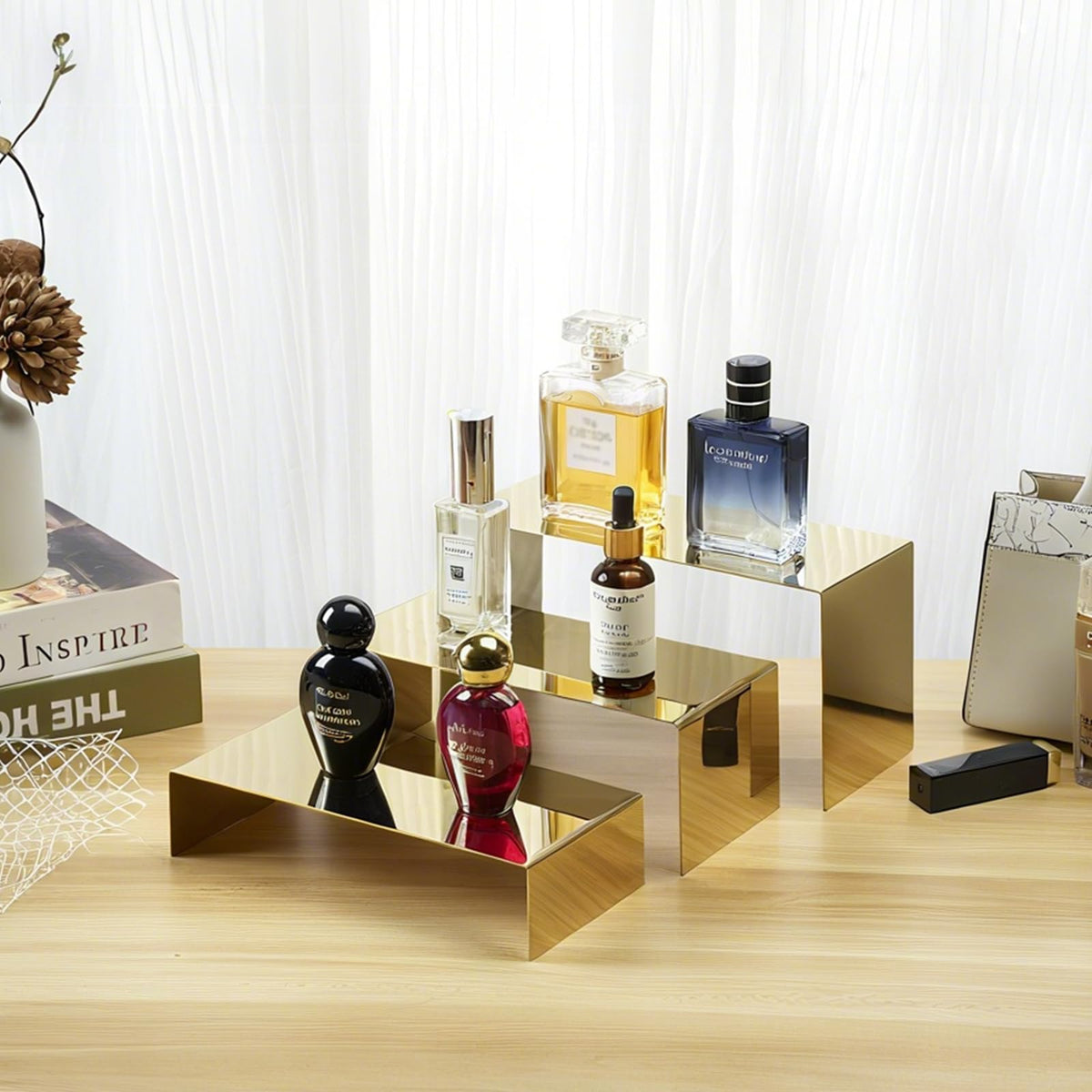 MCKECHSION large gold stand showcases shoes and bags with sturdy support.