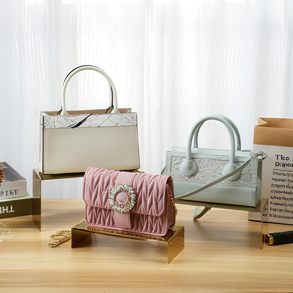 MCKECHSION mid-size gold display stand highlights wallets and accessories with a mirror finish.