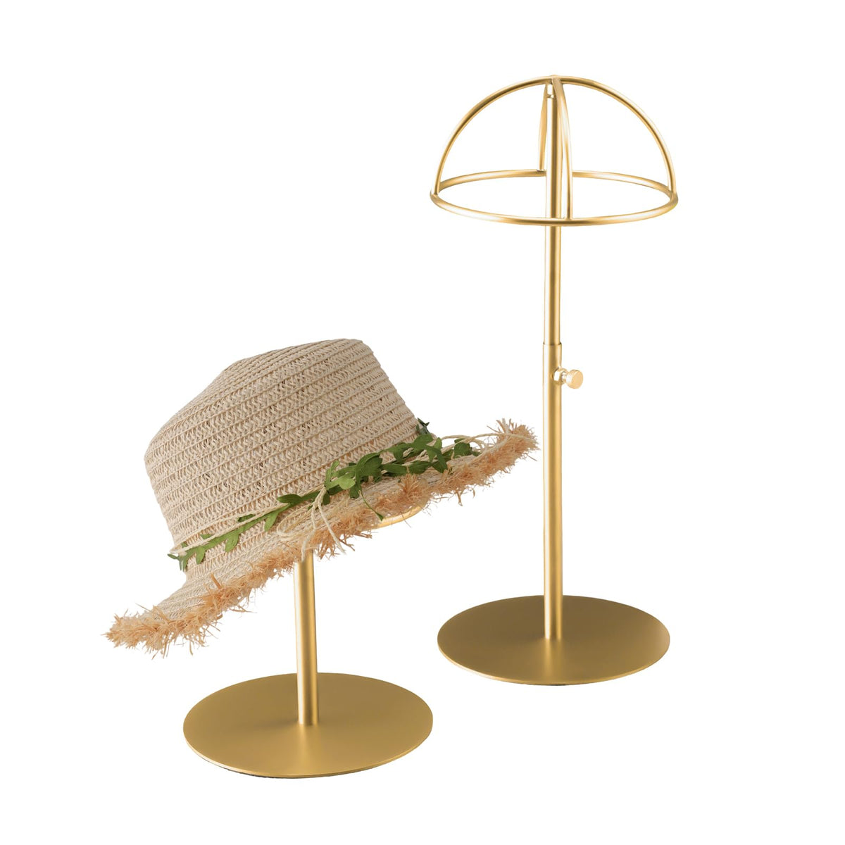 MCKECHSION hat display stand in brushed nickel highlights a sleek, fingerprint-resistant finish for premium presentation.