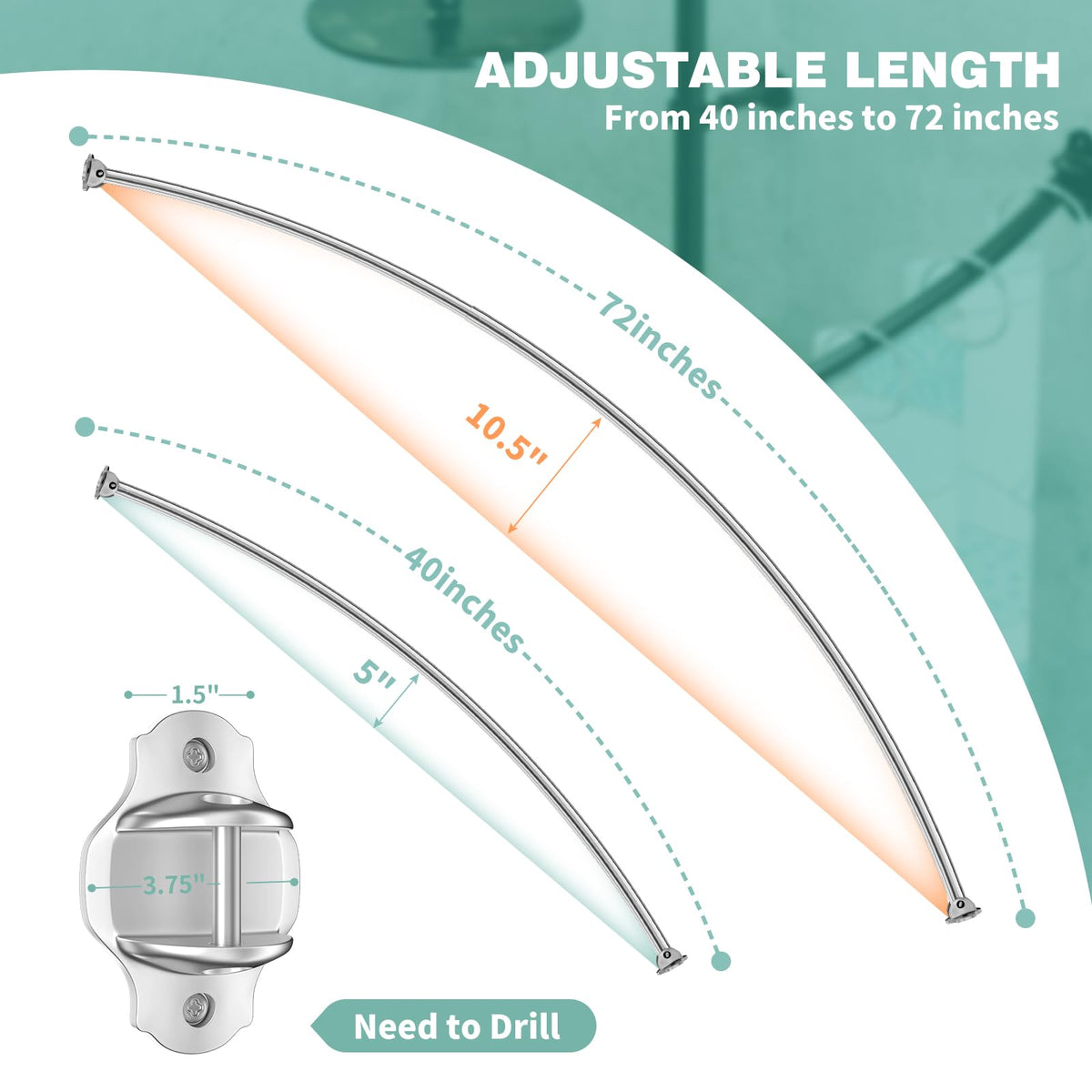 Mcrbeay curved shower rod adjustable length supports various enclosures.