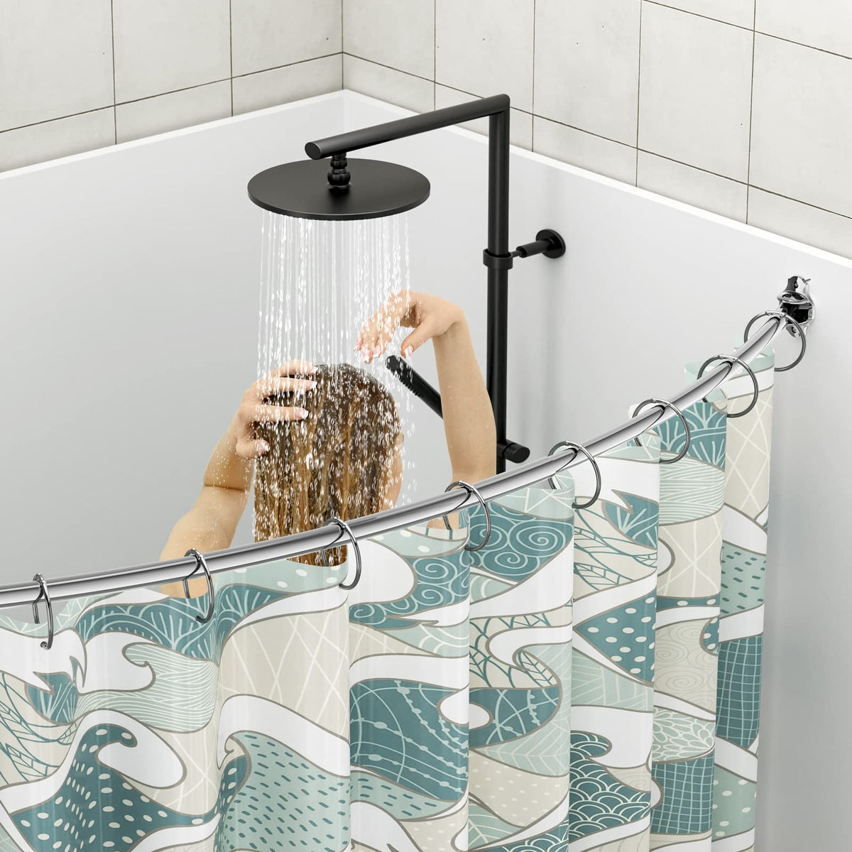 Mcrbeay curved shower rod brushed nickel finish adds sleek durability.