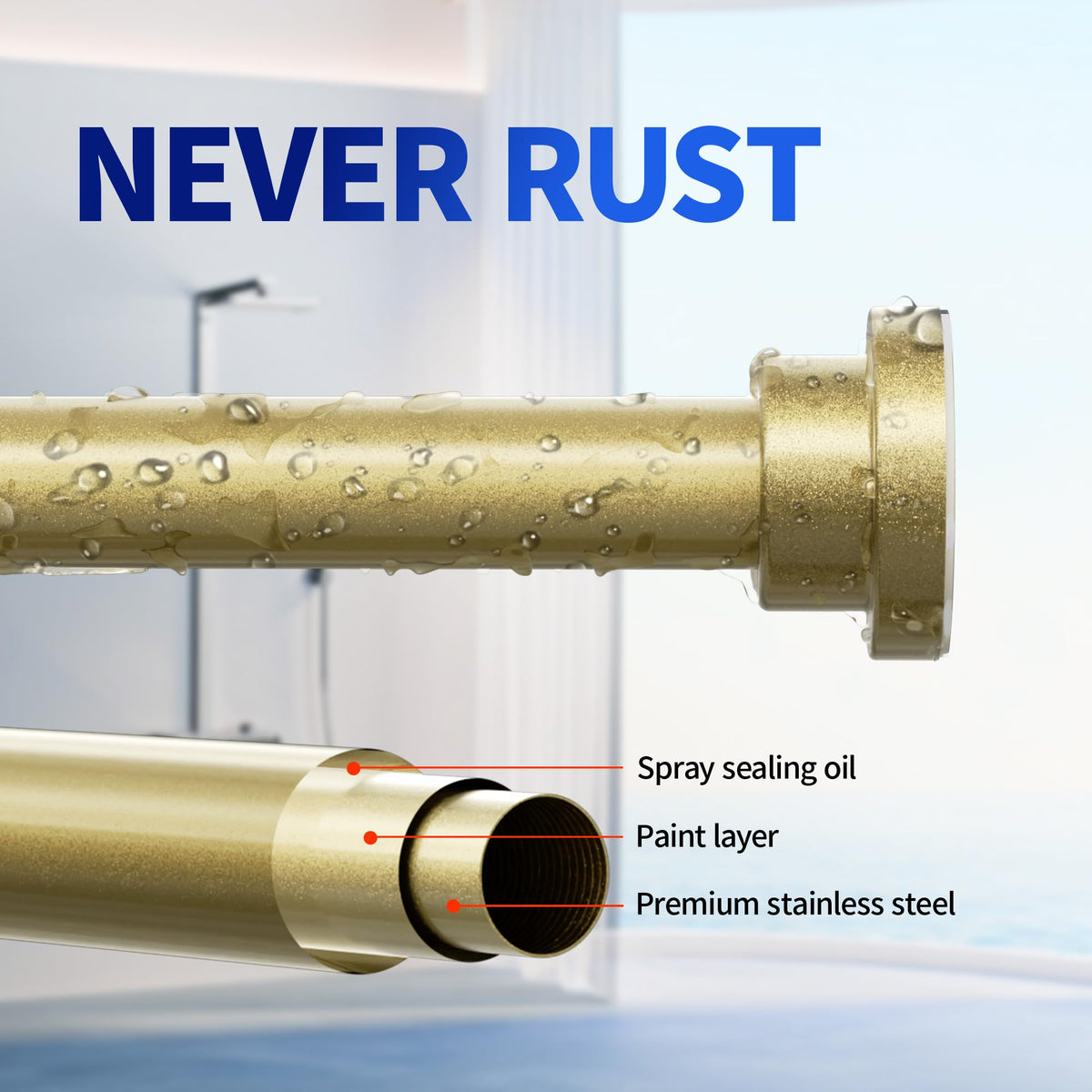 Mcrbeay gold non-slip base grips walls for reliable, wobble-free shower use.