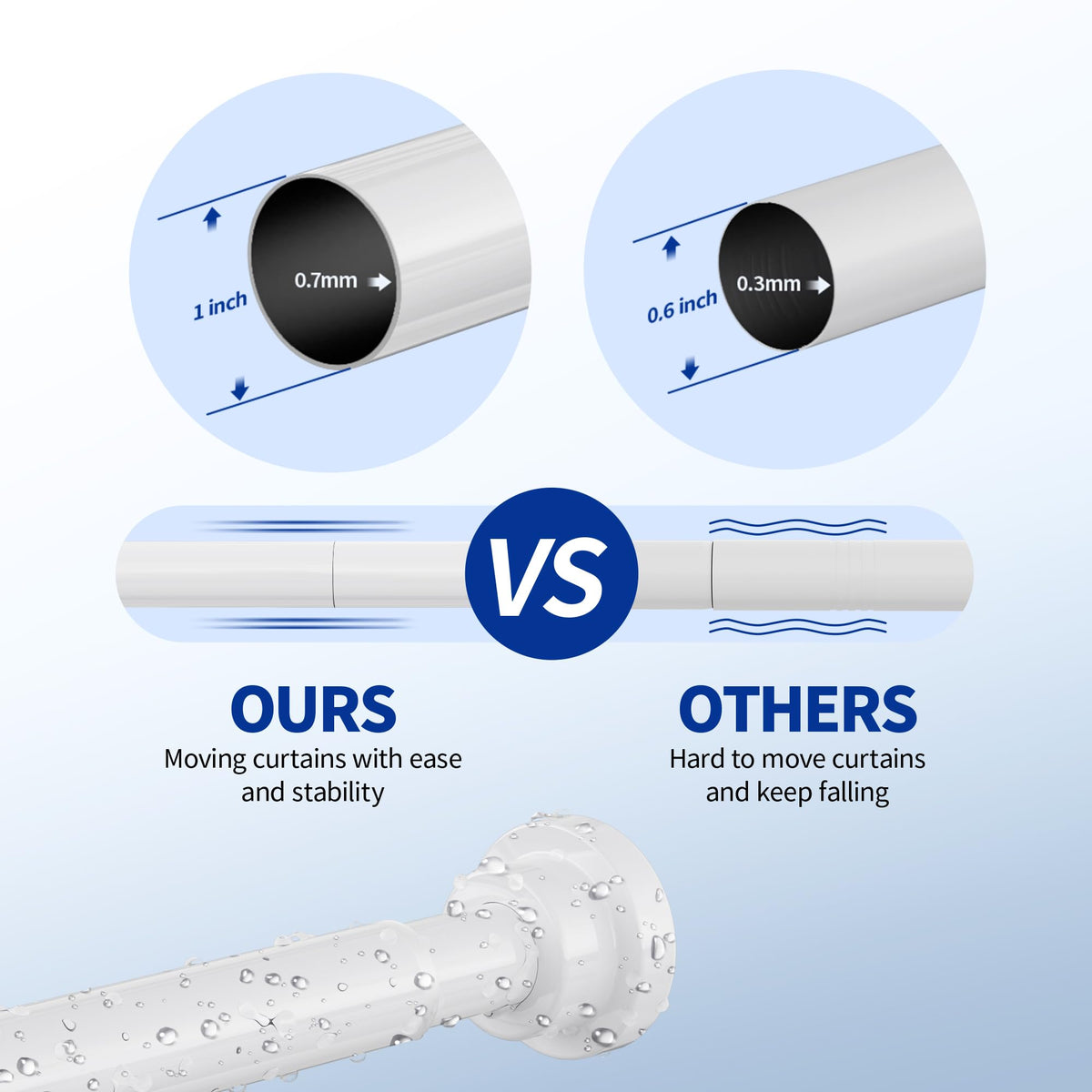 Mcrbeay white shower rod suits bathrooms, RVs, and closets with no-drill needs