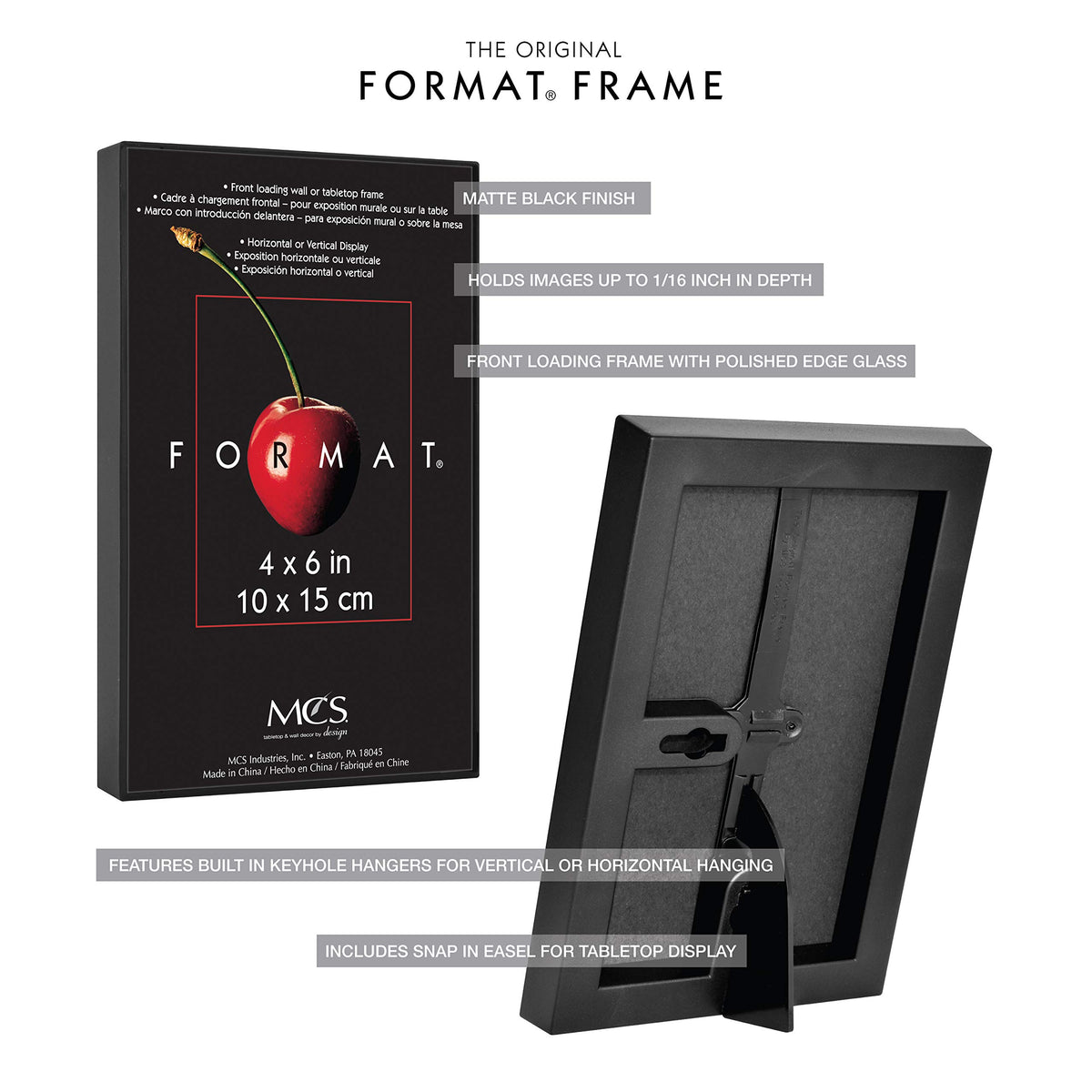 MCS Format 4x6 black frame snap-in easel for tabletop display.