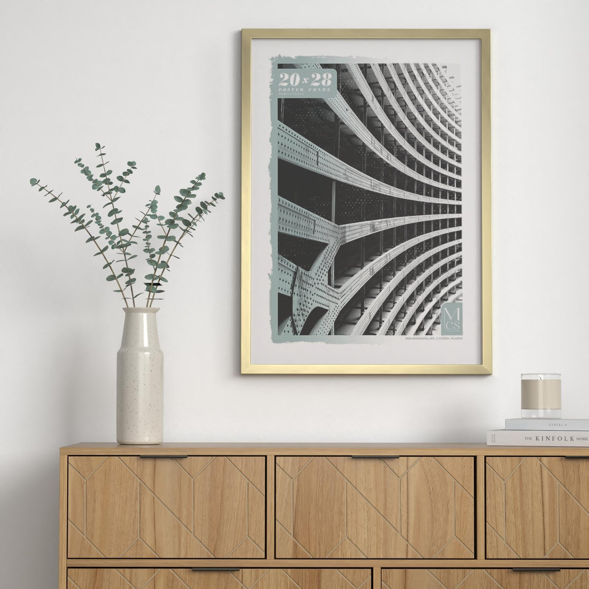 MCS Foundation brass frame with slim profile enhances modern gallery walls.