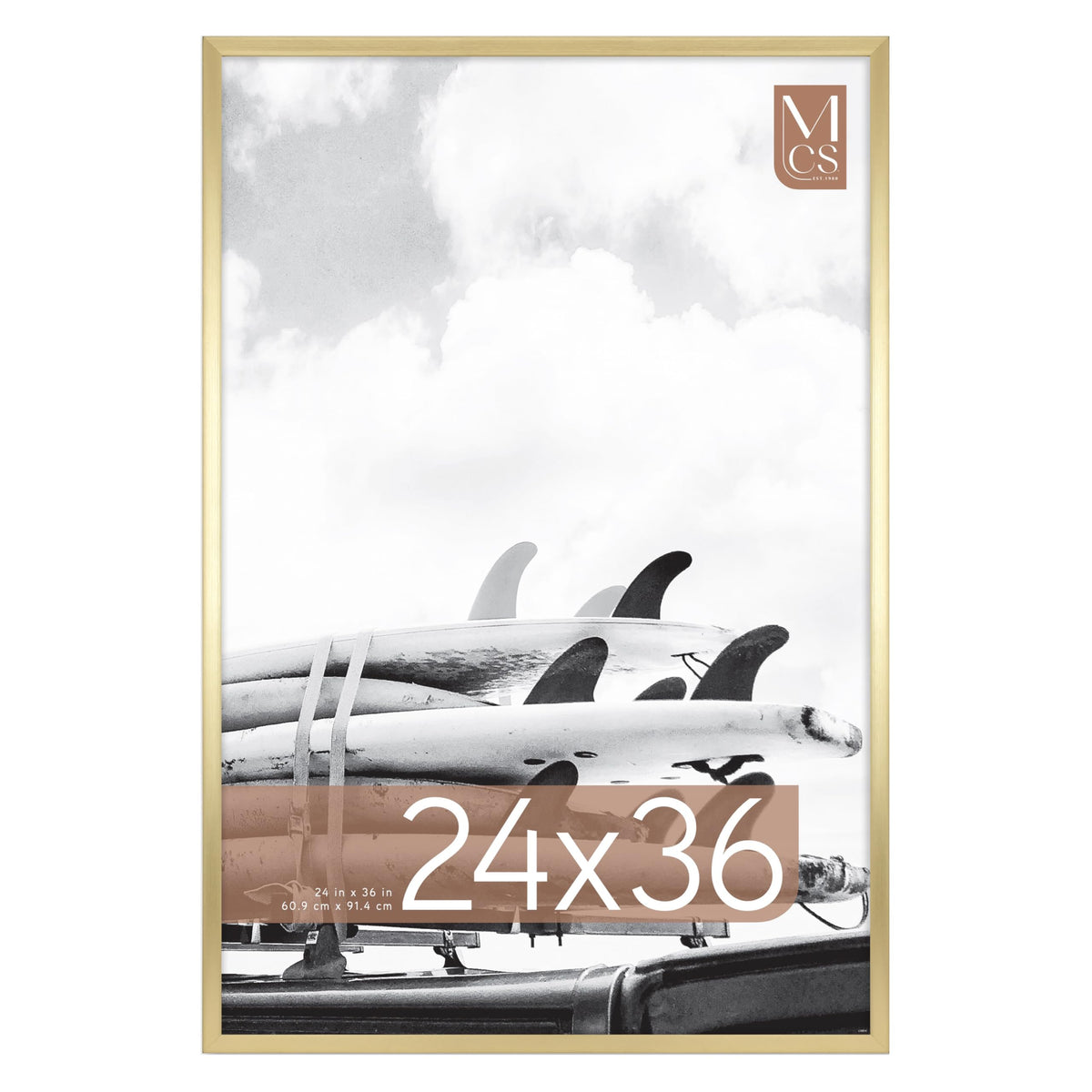 MCS Foundation 24x36 brass poster frame on wall with gallery-ready brass finish.