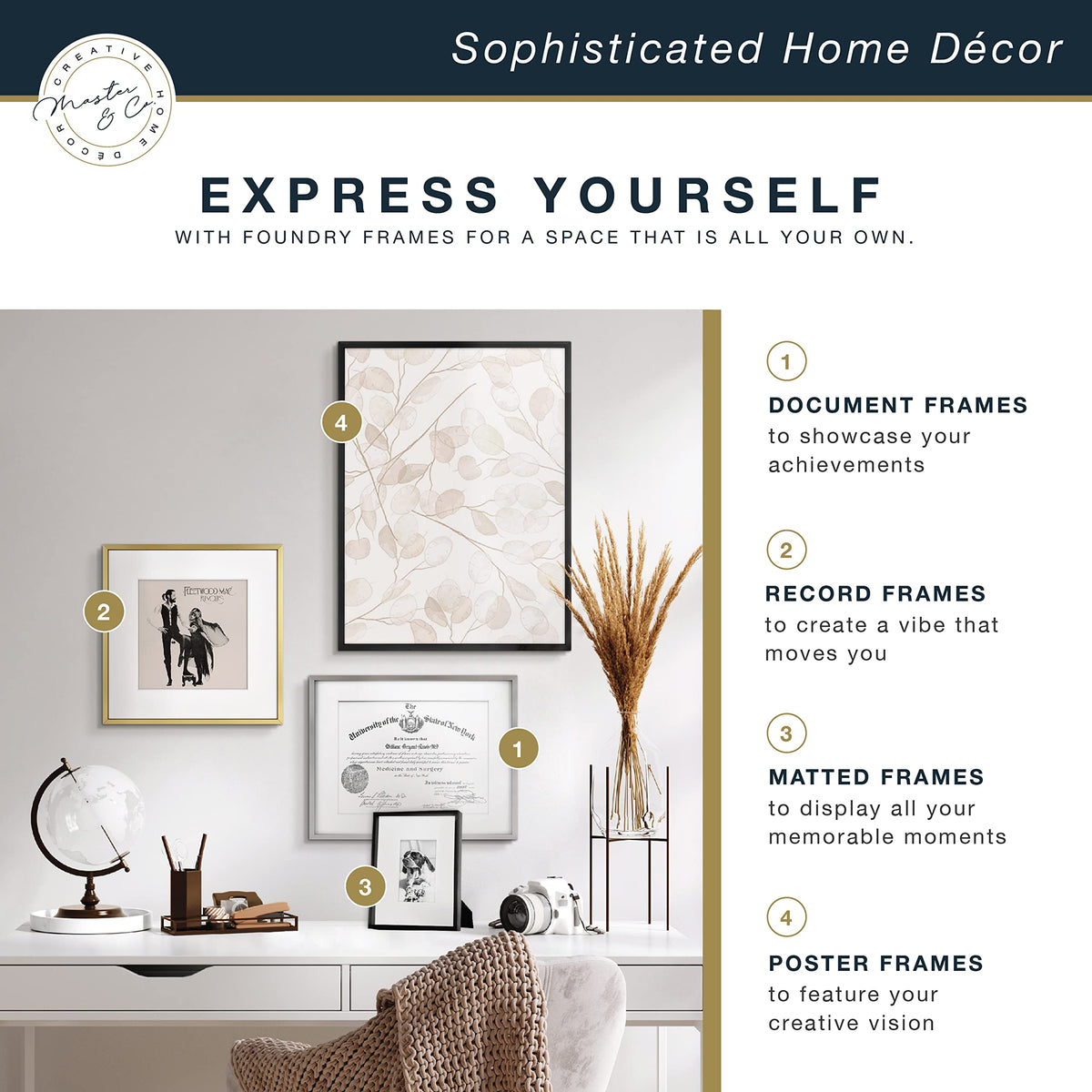 Versatile gallery wall setup using the MCS Foundry frame family