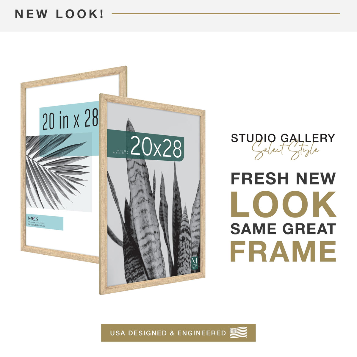 Natural woodgrain finish complements decor while protecting photos behind plexiglass.