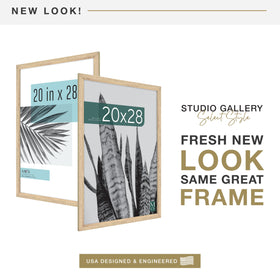 Natural woodgrain finish complements decor while protecting photos behind plexiglass.