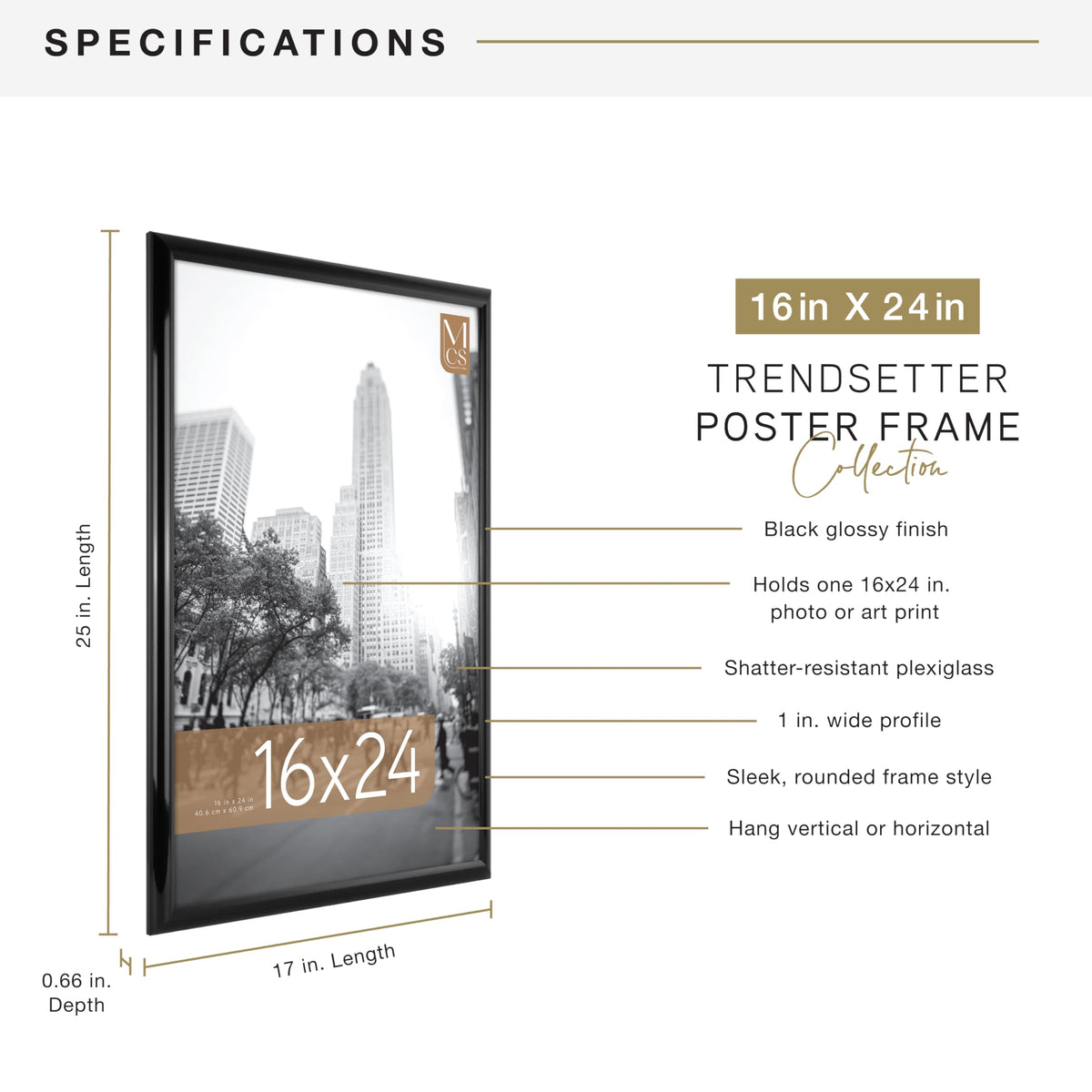 MCS Trendsetter 16x24 frame close-up highlights shatter-resistant front and durable construction