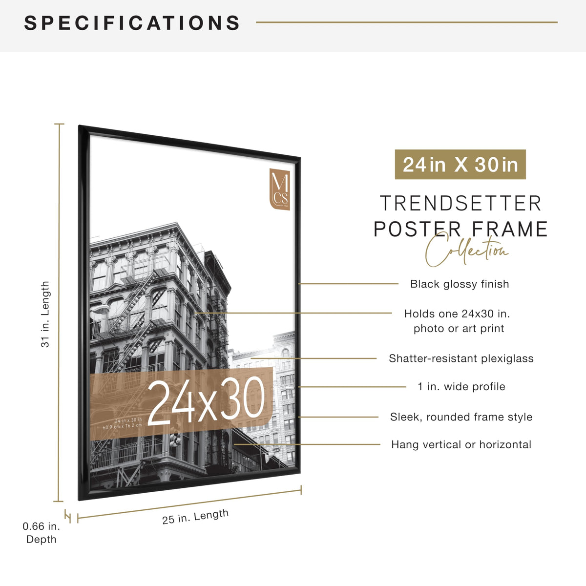 MCS Trendsetter black frame uses shatterproof styrene front to protect visuals