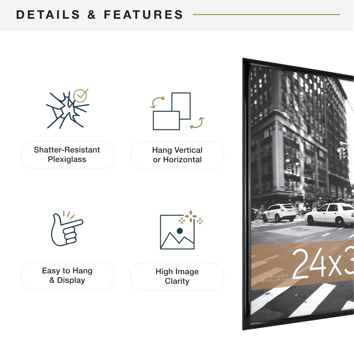 Sleek black high-gloss frame suits modern living spaces.