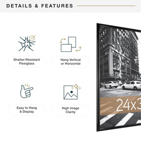 Sleek black high-gloss frame suits modern living spaces.