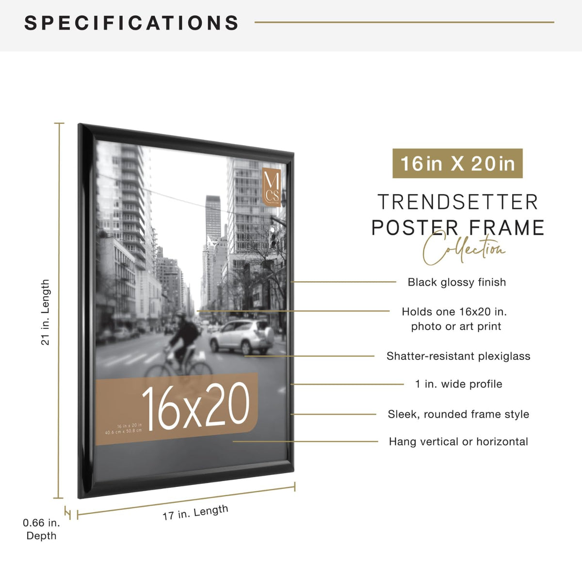 MCS Trendsetter frame black hinged hangers support vertical or horizontal mounting.