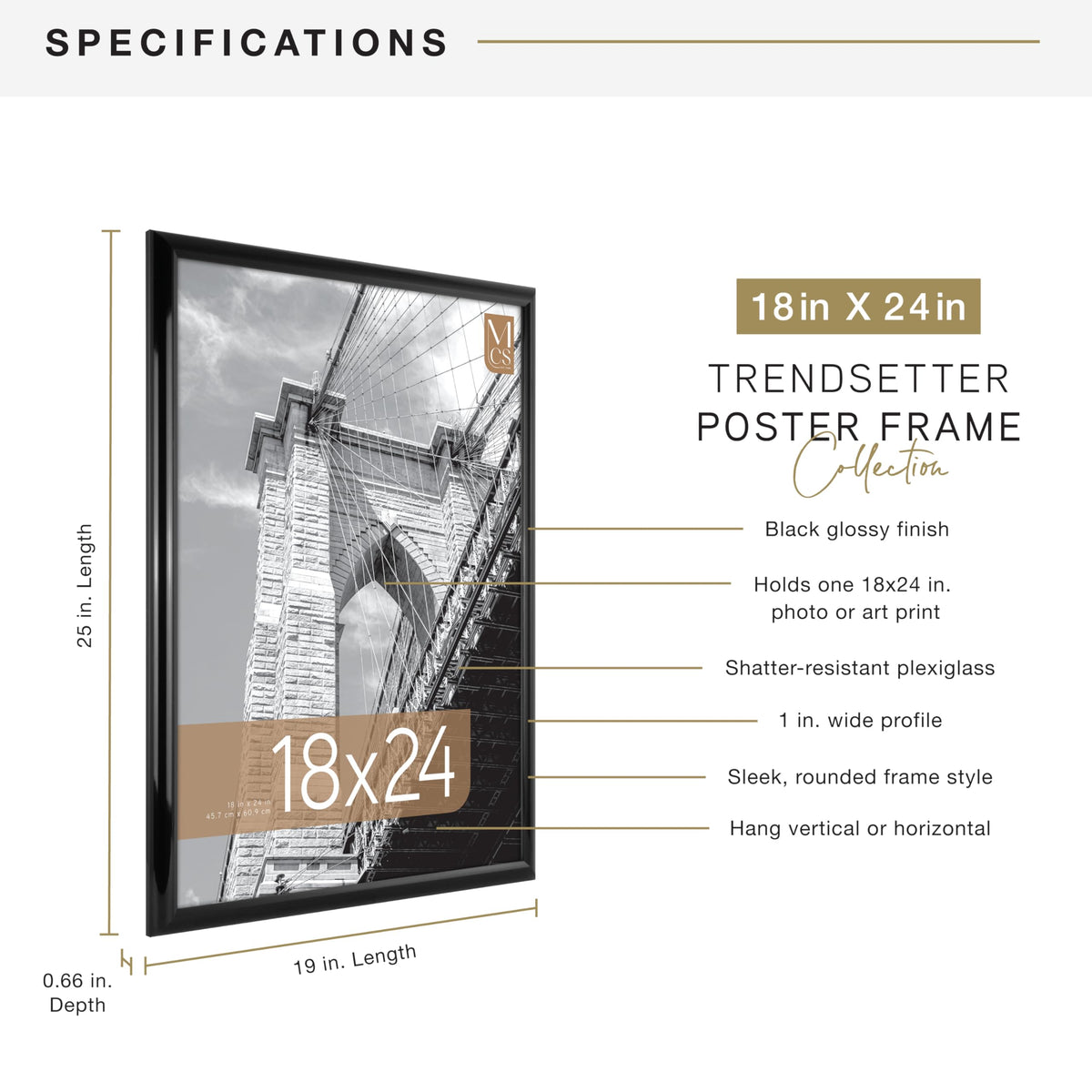 MCS Trendsetter frame with hinged hangers for vertical or horizontal wall mounting.